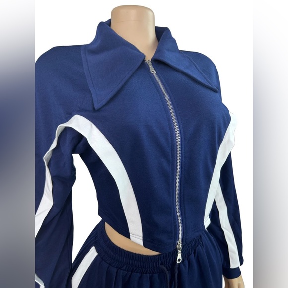 Retro collar jacket and fitted wide leg jogger pants (blue) - Picture 4 of 8